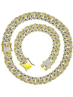 Hicarer 2 Pieces 12 mm Cuban Chain Necklace Bracelet Heavy Strong Link Chain Necklace Bling Necklace Chain for Men Women