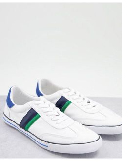 lace up sneakers in white with navy and green stripe detail