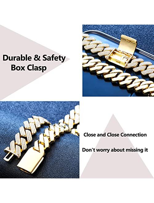 YIMERAIRE Gold Chain for Men Iced Out 20MM 18k Gold Silver Plated Diamond Cuban Link Chain Miami Choker Necklace Bracelet Full Cz Prong Set Hip Hop Jewelry