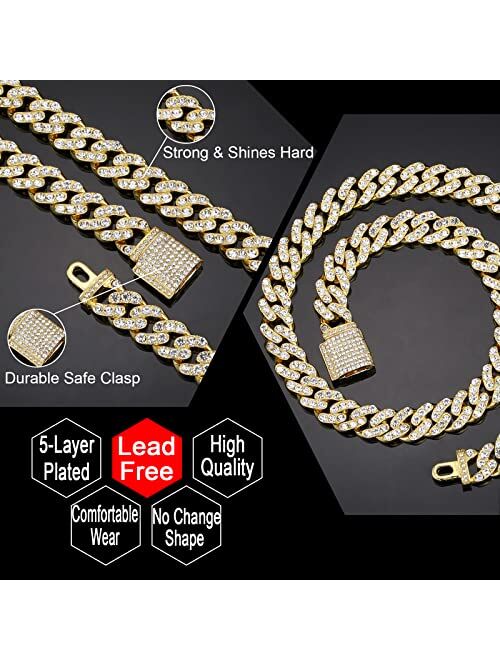 FEEL STYLE Iced Out Cuban Link Chain Mens Diamond Necklace 10mm Miami Cuban Necklace Gold Silver Bling Chain for Women Men Hip Hop Jewelry