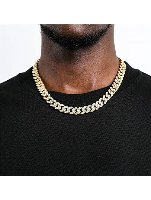 FEEL STYLE Iced Out Cuban Link Chain Mens Diamond Necklace 10mm Miami Cuban Necklace Gold Silver Bling Chain for Women Men Hip Hop Jewelry