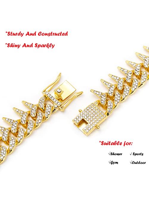Huitian Intl Cuban Link Chain for Men Women Iced Out Chain with Thorns Diamond Cubic-Zirconia 18k Silver-Plated Titanium Bling Miami Necklace Hip Hop Accessories