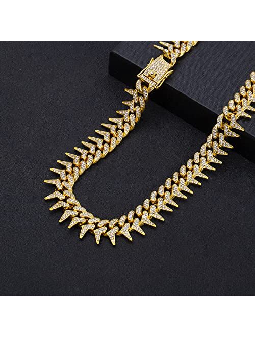 Huitian Intl Cuban Link Chain for Men Women Iced Out Chain with Thorns Diamond Cubic-Zirconia 18k Silver-Plated Titanium Bling Miami Necklace Hip Hop Accessories