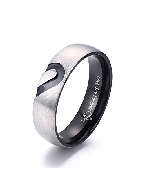 LAVUMO Matching Promise Rings for Couples Love You Forever Wedding Bands Sets for Him and Her Half Heart Rings Stainless Steel 6mm with Box Comfort Fit