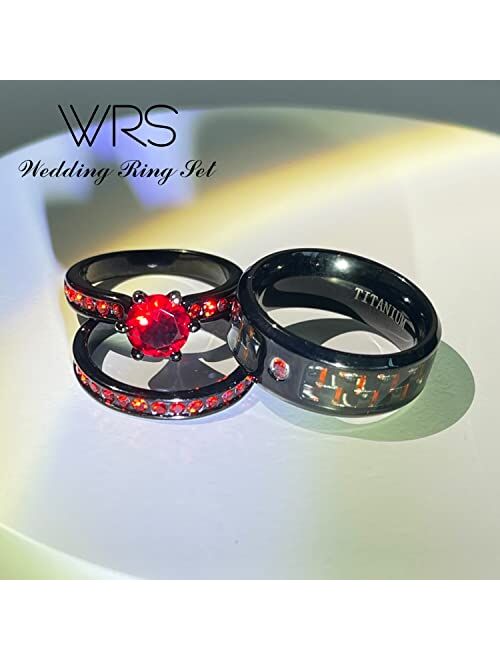 wedding ring set Two Rings His Hers Couples Matching Rings Women's 2pc Black Gold Filled Red CZ Wedding Engagement Ring Bridal Sets Men's Stainless Steel Wedding Band