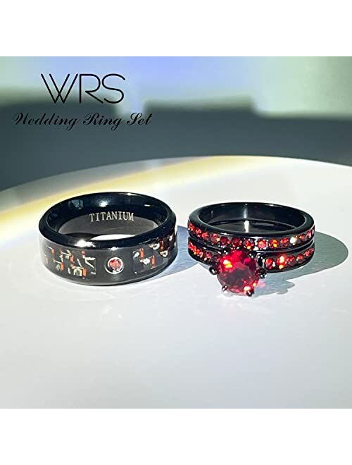 wedding ring set Two Rings His Hers Couples Matching Rings Women's 2pc Black Gold Filled Red CZ Wedding Engagement Ring Bridal Sets Men's Stainless Steel Wedding Band