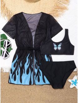 Girls 3pack Butterfly Print Bikini Swimsuit With Random Fire Print Kimono