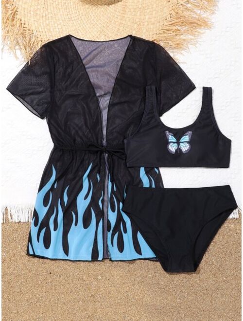 Shein Girls 3pack Butterfly Print Bikini Swimsuit With Random Fire Print Kimono