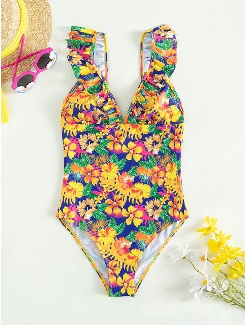 Shein Teen Girls Tropical Print Ruffle Trim One Piece Swimsuit
