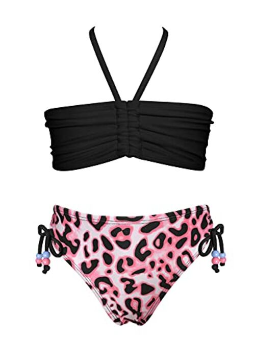 SHEKINI Girls Two Piece Bandeau Swimsuit Halter Bikini Top Drawstring Floral Print Bikini Set