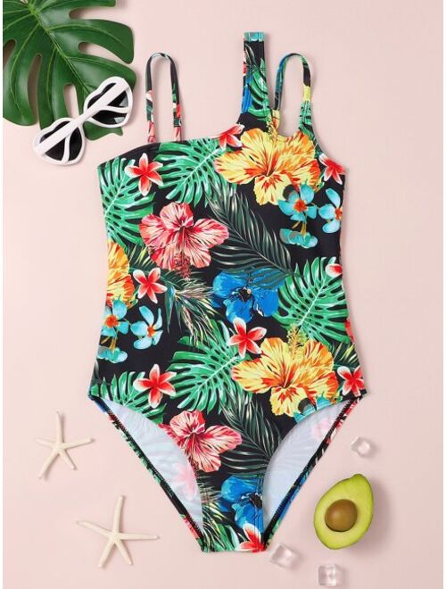 Shein Teen Girls Random Tropical Print Asymmetrical Neck One Piece Swimsuit