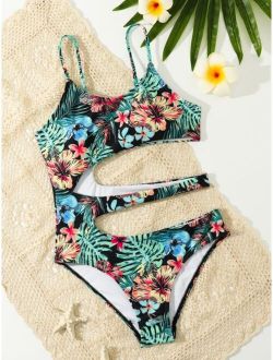 Teen Girls Tropical Print Cut Out One Piece Swimsuit