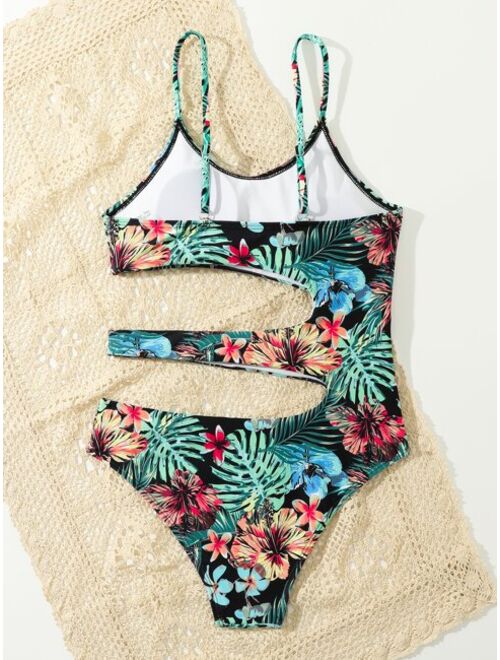 Shein Teen Girls Tropical Print Cut Out One Piece Swimsuit
