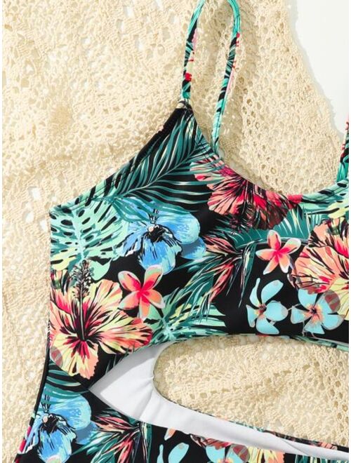 Shein Teen Girls Tropical Print Cut Out One Piece Swimsuit