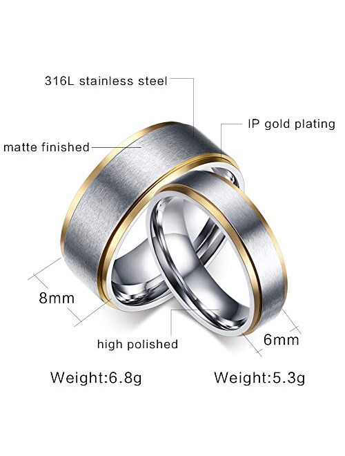 Mzzj Jewelry MZZJ Personalized Name Date Couple Jewelry His Hers 8MM&6MM 2 Tone Stainless Steel Rainbow Step Edges Spinner Ring Set Wedding Band Engagement Matching Ring,