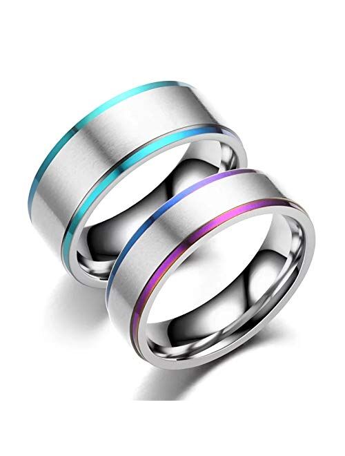 Mzzj Jewelry MZZJ Personalized Name Date Couple Jewelry His Hers 8MM&6MM 2 Tone Stainless Steel Rainbow Step Edges Spinner Ring Set Wedding Band Engagement Matching Ring,
