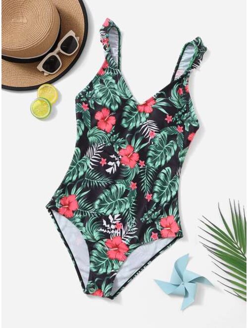 Shein Teen Girls Tropical Print Ruffle Trim One Piece Swimsuit