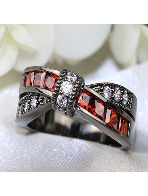 wedding ring set His Hers Couples Matching Rings Women's Black Gold Filled Red Ruby CZ Wedding Engagement Ring Bridal Sets & Men's Stainless Steel Wedding Band