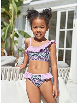 Girl's One Shoulder Ruffle Swimsuit Floral Two Pieces Bathing Suit