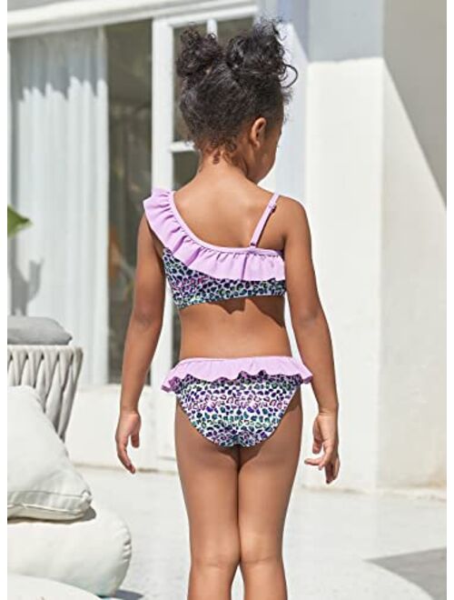 SHEKINI Girl's One Shoulder Ruffle Swimsuit Floral Two Pieces Bathing Suit