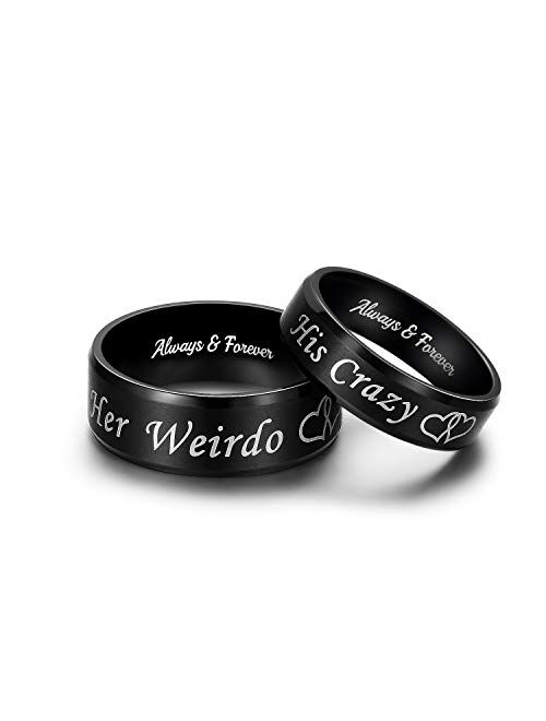 Lavumo His Crazy Her Weirdo Heart Rings for Couples Always and Forever Matching Promise Rings Black Wedding Bands Sets for Him and Her Stainless Steel Comfort Fit