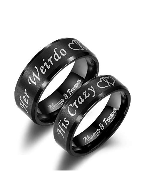 Lavumo His Crazy Her Weirdo Heart Rings for Couples Always and Forever Matching Promise Rings Black Wedding Bands Sets for Him and Her Stainless Steel Comfort Fit