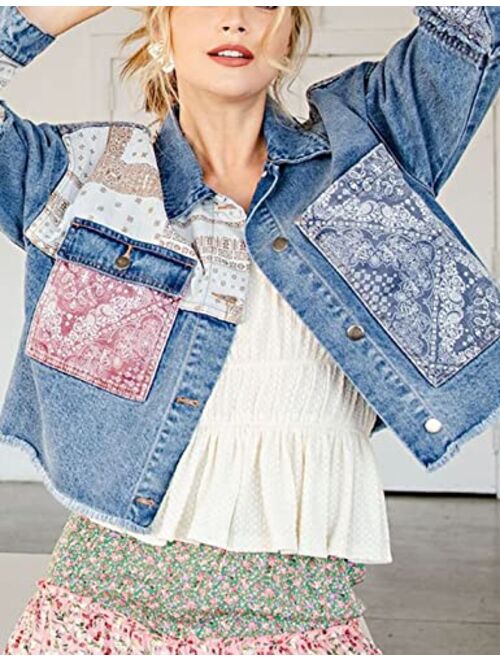 happlan Women's Patchwork Cropped Casual Jacket in Washed Denim