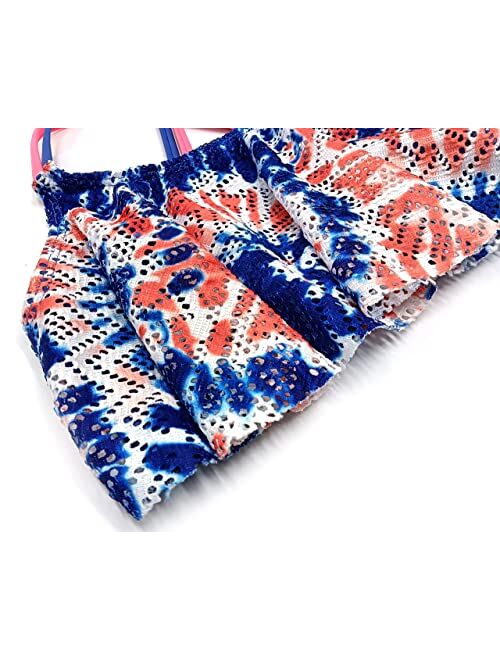 SHEKINI Girl's Ruffles Flounce Printed Crochet Bikini Tie Side Bottom Two Piece Bathing Suit