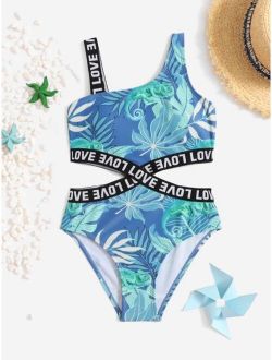 Girls Tropical Print Contrast Letter Tape Cut Out One Piece Swimsuit