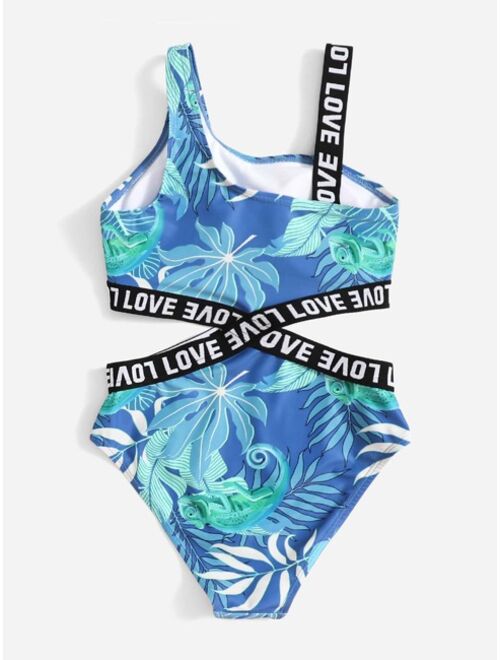 Shein Girls Tropical Print Contrast Letter Tape Cut Out One Piece Swimsuit