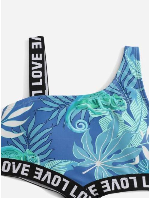 Shein Girls Tropical Print Contrast Letter Tape Cut Out One Piece Swimsuit