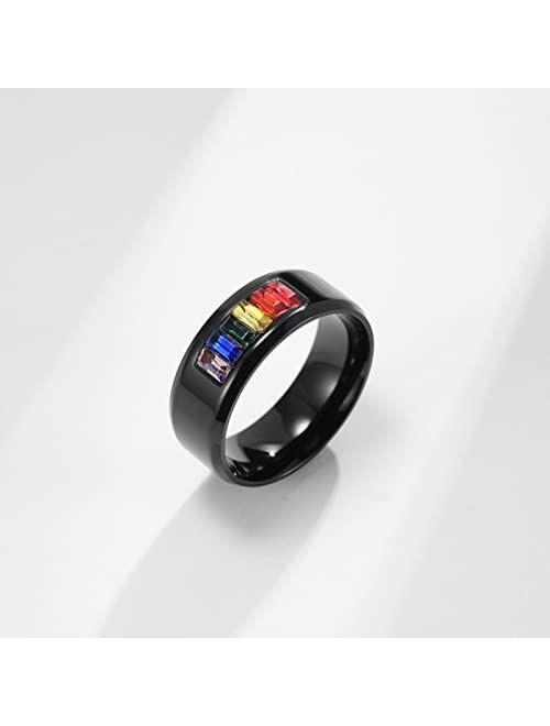 Beydodo Lesbian Rings for Women Couples, Stainless Steel Promise Rings Personalized Size 5 to Size 12 Black LGBT Ring with Rainbow Cubic Zirconia