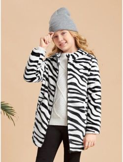 Girls Zebra Striped Hooded Teddy Coat