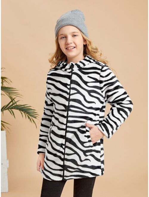 SHEIN Girls Zebra Striped Hooded Teddy Coat