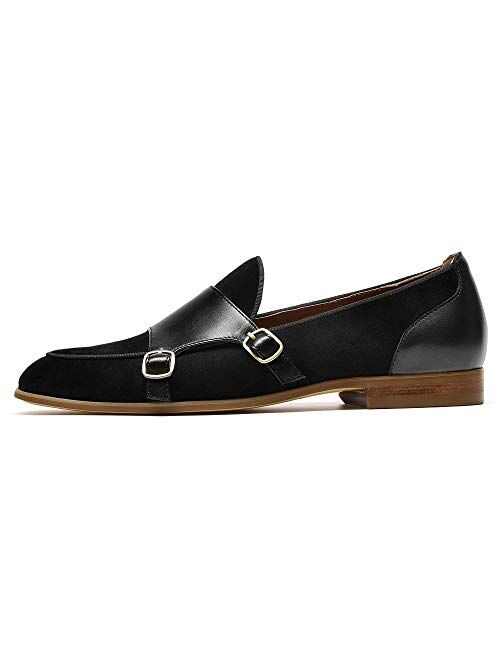 Beautoday Monk Strap Loafers Women Double Buckles Suede Leather Shoes