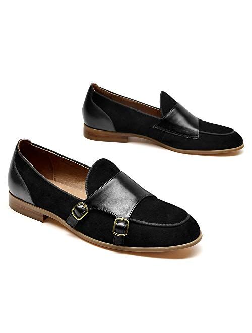 Beautoday Monk Strap Loafers Women Double Buckles Suede Leather Shoes