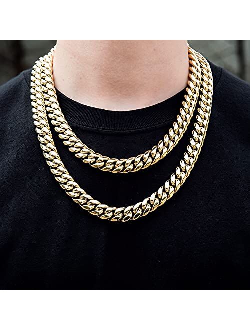 ZSLLZM Mens Miami Cuban Link Chain 14k Real Gold Plated Chain for Men Solid Stainless Steel Necklace Hip hop Jewelry 10mm/12mm/14mm,18 -30 Inches