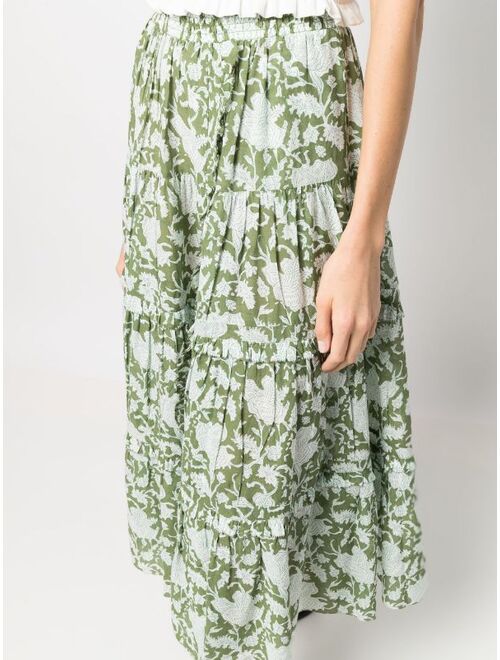 Maje floral-print ruffle-trim skirt