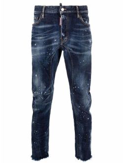 distressed raw-edge contrast-stitch jeans