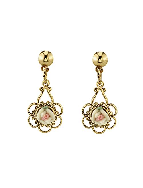 1928 Jewelry Porcelain Rose Drop Earrings