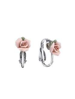 Women's Bridal Porcelain Rose Clip On Earrings