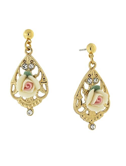 1928 Jewelry"Porcelain Rose" Teardrop Filigree Crystal Accent Rose Teardrop Earrings