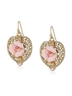 Filigree Heart Pink Porcelain Rose Crystal Accent Heart Drop Earrings