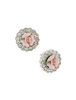 Pink Porcelain Rose Crystal Accent Post Earrings
