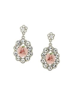 Pink Porcelain Rose Crystal Accent Post Drop Earrings