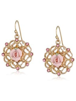 Gold Tone Pink Porcelain with Light Rose Accent Filgree Drop Earrings