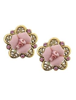 Pink Crystal And Porcelain Rose Filigree Button Earrings