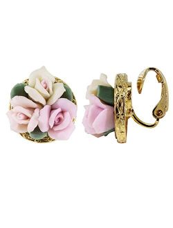 3 Flower Pink & White Porcelain Flower Round Button Clip On Earrings
