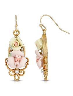 Art Deco Style Multicolor Porcelain Rose Costume Pearl Accent Wire Drop Earrings