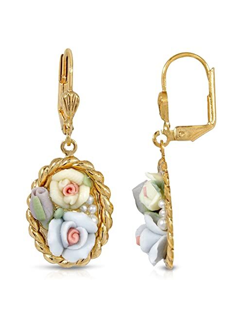 1928 Jewelry Multicolor Porcelain Rose Rope Frame Lever Back Shell Drop Earrings